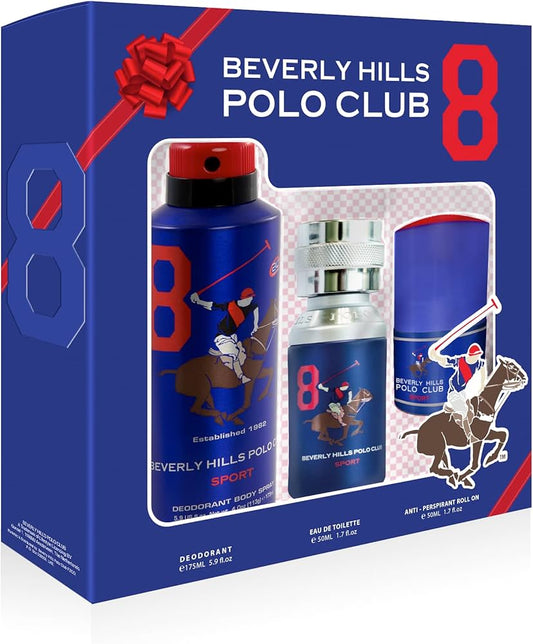 Set Beverly Hills Polo Club: 1982 - Sport 8, Eau De Toilette, For Men, 50 ml + 1982 - Sport 8, Anti-Perspirant, Deodorant Spray, For Men, 175 ml + 1982 - Sport 8, Anti-Perspirant, Deodorant Roll-On, For Men, 50 ml