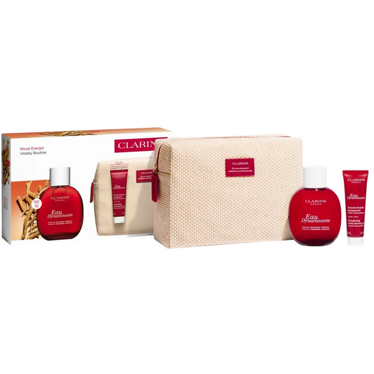 Set Clarins: Eau Dynamisante, Eau De Toilette, For Women, 100 ml + Eau Dynamisante, Energizing, Shower Gel, For All Skin Types, 30 ml + Clarins, GWP Textile Pouch, Ivory